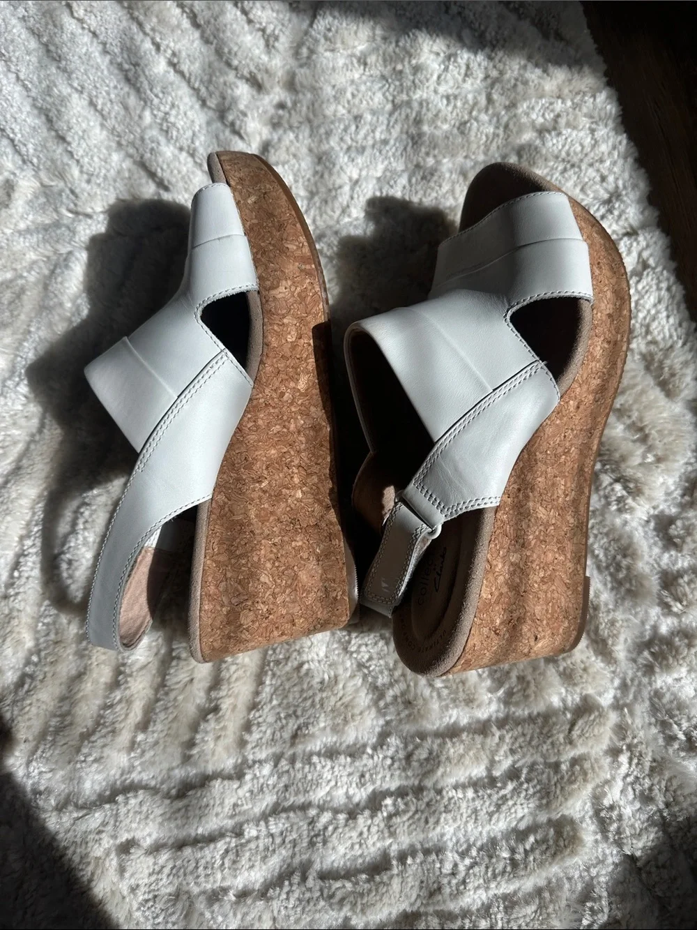 Clarks White Leather Cork Wedge Slingback Sandals